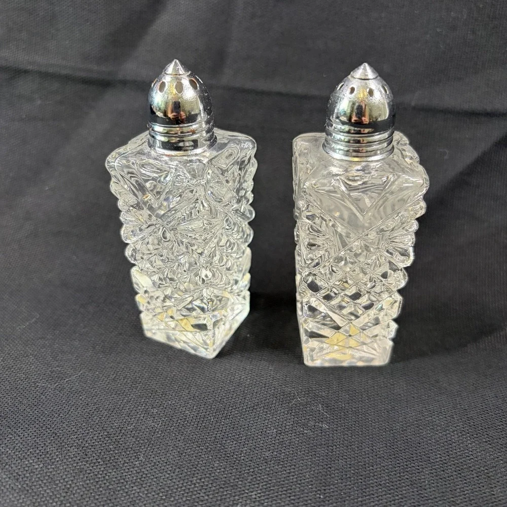 Vintage Hand Cut Lead Crystal Salt Pepper Shakers Japan Chrome Tops